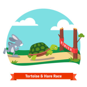 The Tortoise and the Hare. Turtle and rabbit racing together to win. Finish line red ribbon. Flat style vector illustration isolated on white background.