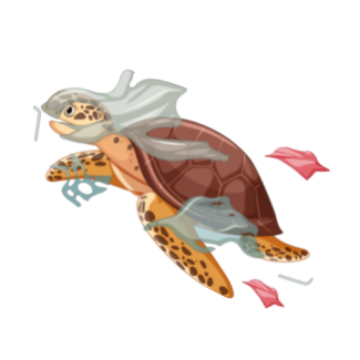 Sea turtle swimming in trash