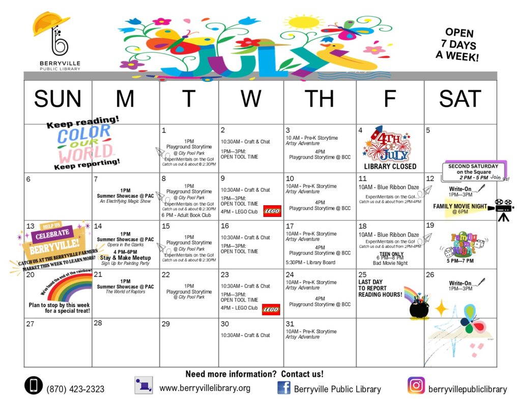 Calendar of events for July 2025 at Berryville Public Library