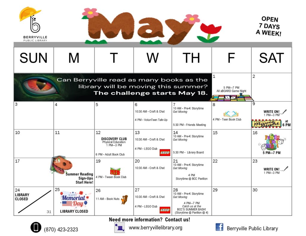 May 2026 calendar of programs and events at Berryville Library in Berryville, Arkansas